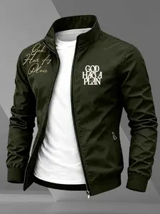 Men's Stand Collar Zip-Up Jacket, "GOD HAS A PLAN" Faith Slogan Letter Print Casual Windbreaker, Lightweight Christian Daily Outdoor Streetwear Coat #FaithPrintJacket #ChristianStreetStyle #CasualWindbreaker #LetterPrintOuterwear #TikTokMadeMeBuyIt