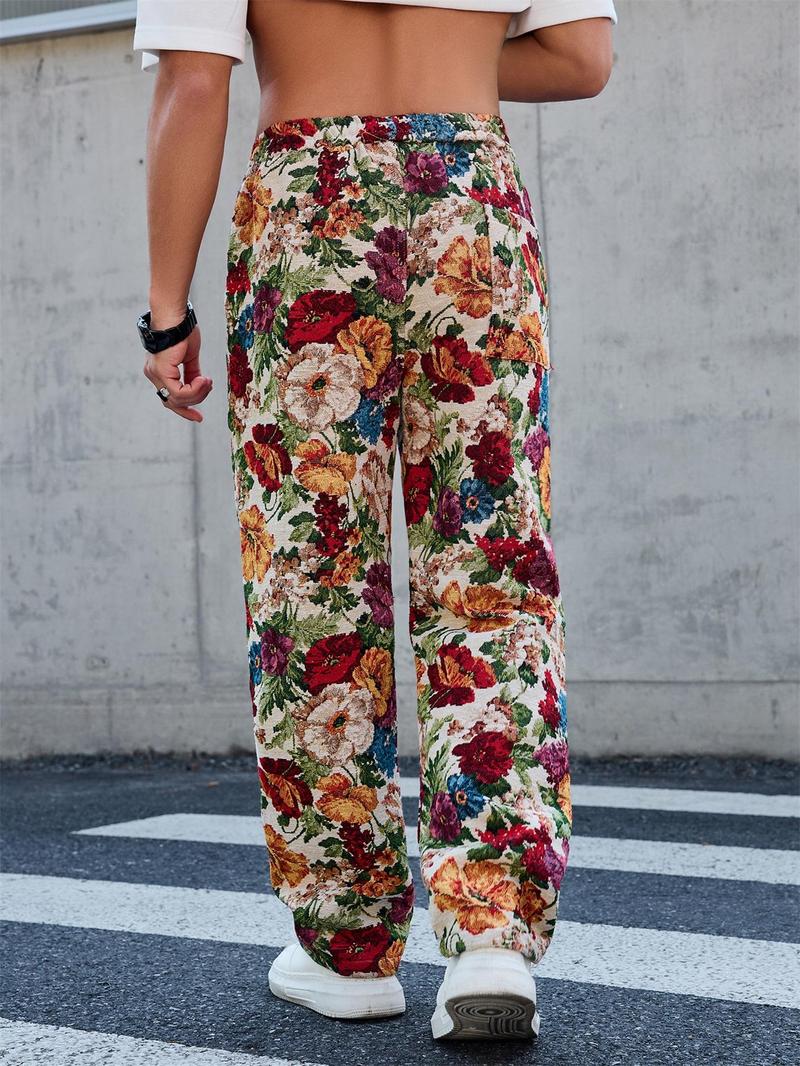 Men's Floral Print Straight Leg Pants, Regular Fit Casual Comfy Trousers for Outdoor Street Wear, Men's Bottoms for All Seasons, Casual Streetwear Pants