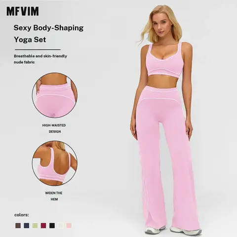 MFVIM Women’s 2-Piece Activewear Set - High-Waisted Tummy Control Micro Flare Leggings & Workout Tops, Premium Contrast Color Gym Sets for Women, Travel Essentials for Running & Everyday Wear