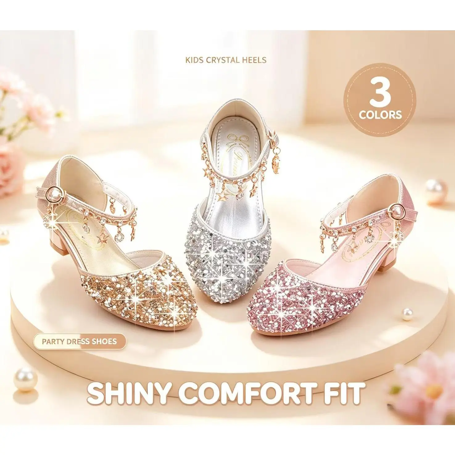 Furdeour Girls' Closed Toe Heels, Princess Crystal Accents Party Wear Shoes for Toddler & Little Big Kids, Wedding Flower Girl Footwear