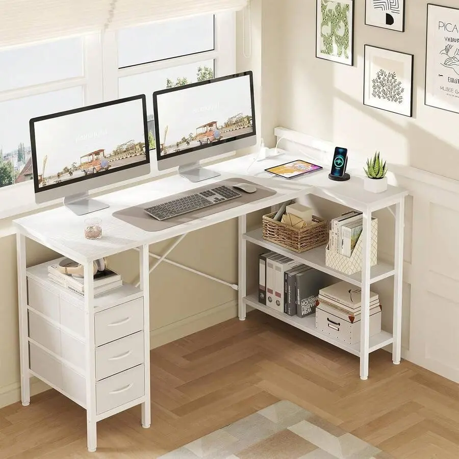 Sweetcrispy L Shaped Desk With Shelf Drawers, White Corner Computer Desks Gaming With Power Outlet, Study Table With Adjustable Shelves, Home Office Tables For Bedroom Teacher Reading Writing