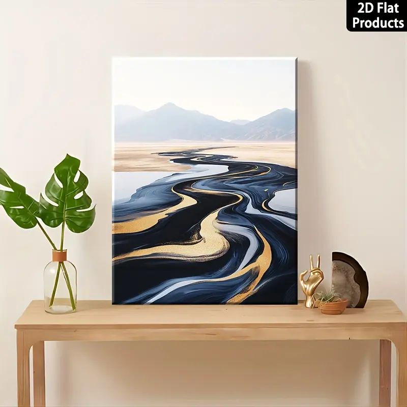 2D panel, 1-piece set, vintage abstract style wall decoration |   Black abstract fluid art from an aerial perspective, wooden framed canvas poster, suitable for living room, dining room, bedroom, bathroom, and cafe |   Can be hung directly