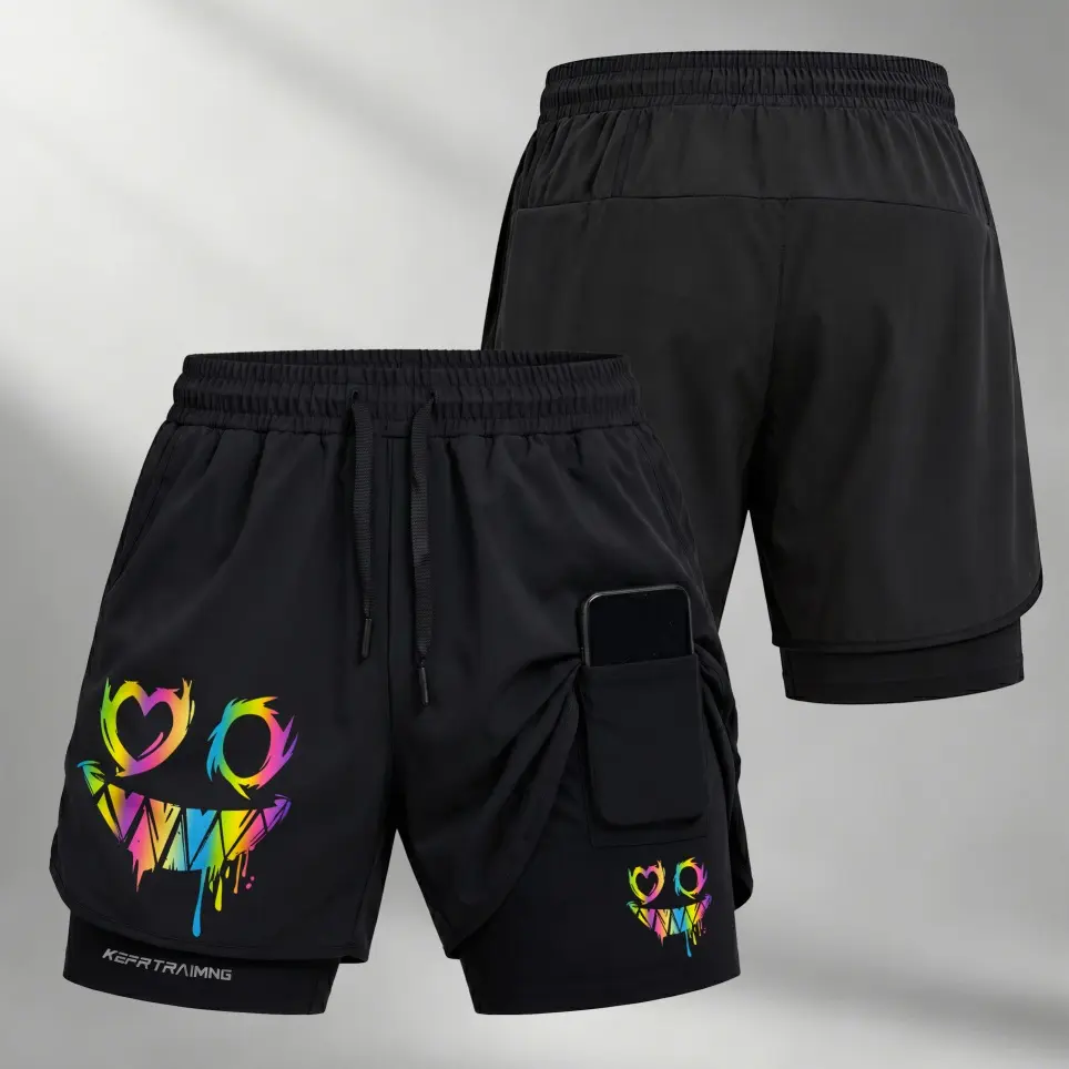 Men’s Cartoon Face Graphic 2-in-1 Workout Shorts, Compression Inner Liner with Phone Pocket, Adjustable Drawstring Waist, Quick-Dry Running Gym Shorts for Summer
