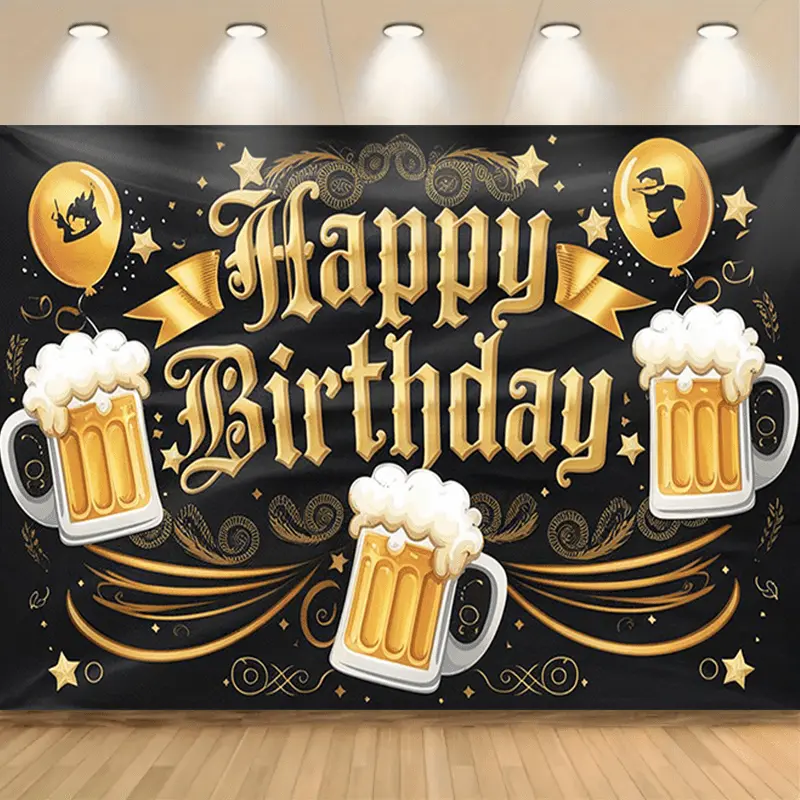 Vintage Beer Theme Lightweight Print Multi-Size Polyester Tapestry, Black and Gold Backdrop for Birthday Party, Home Decor and Celebration Photography