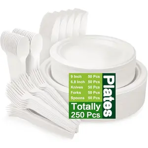 250 count Compostable Plates, Sugarcane Paper Plates with Extra Long Utensils,  Disposable Dinnerware Set  Cutlery, Spoons, Forks and  for Party, Camping, Picnic(White)