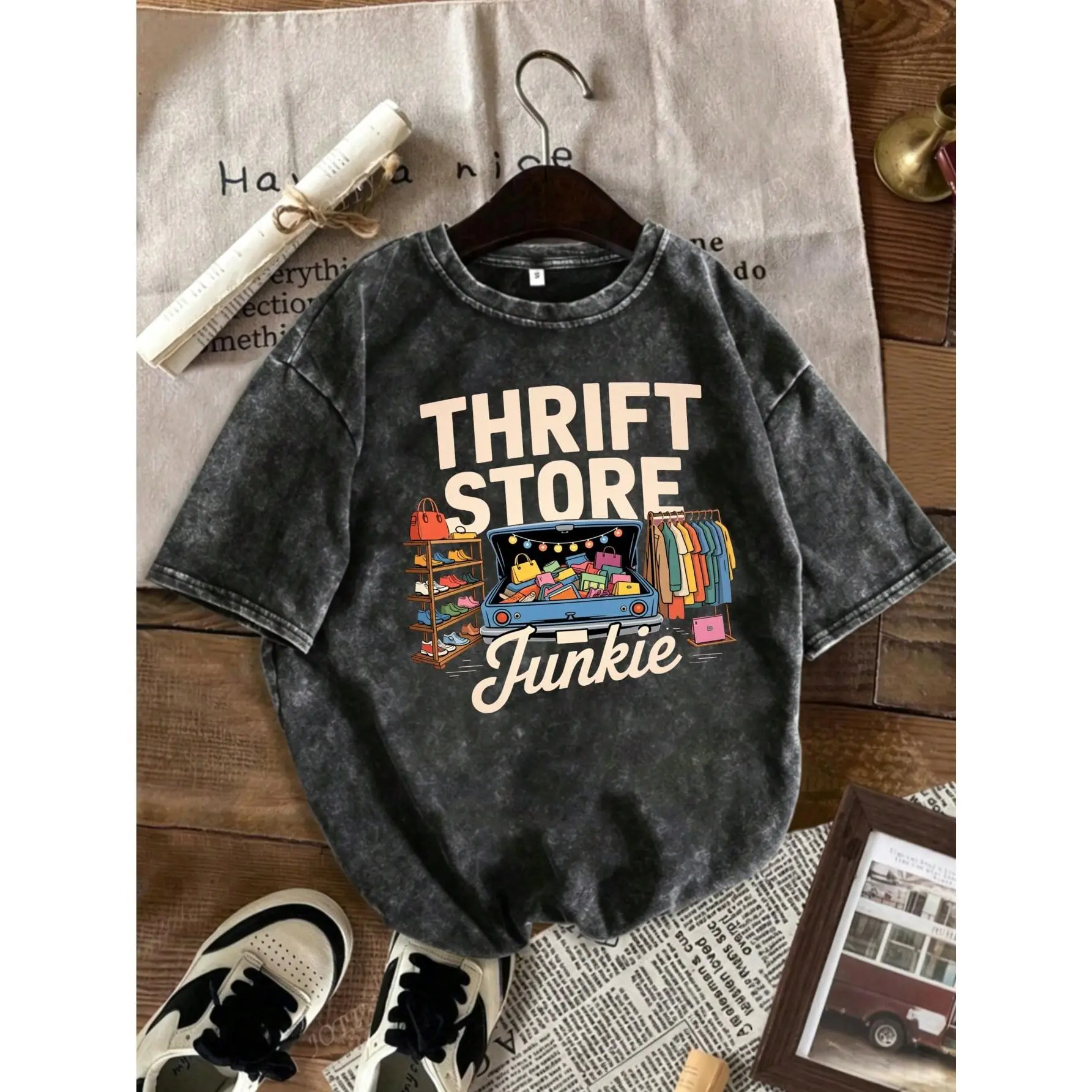 Summer Vintage Indie Washed T-Shirt Gray Thrift Store Print Oversized Style Plus Size Tops