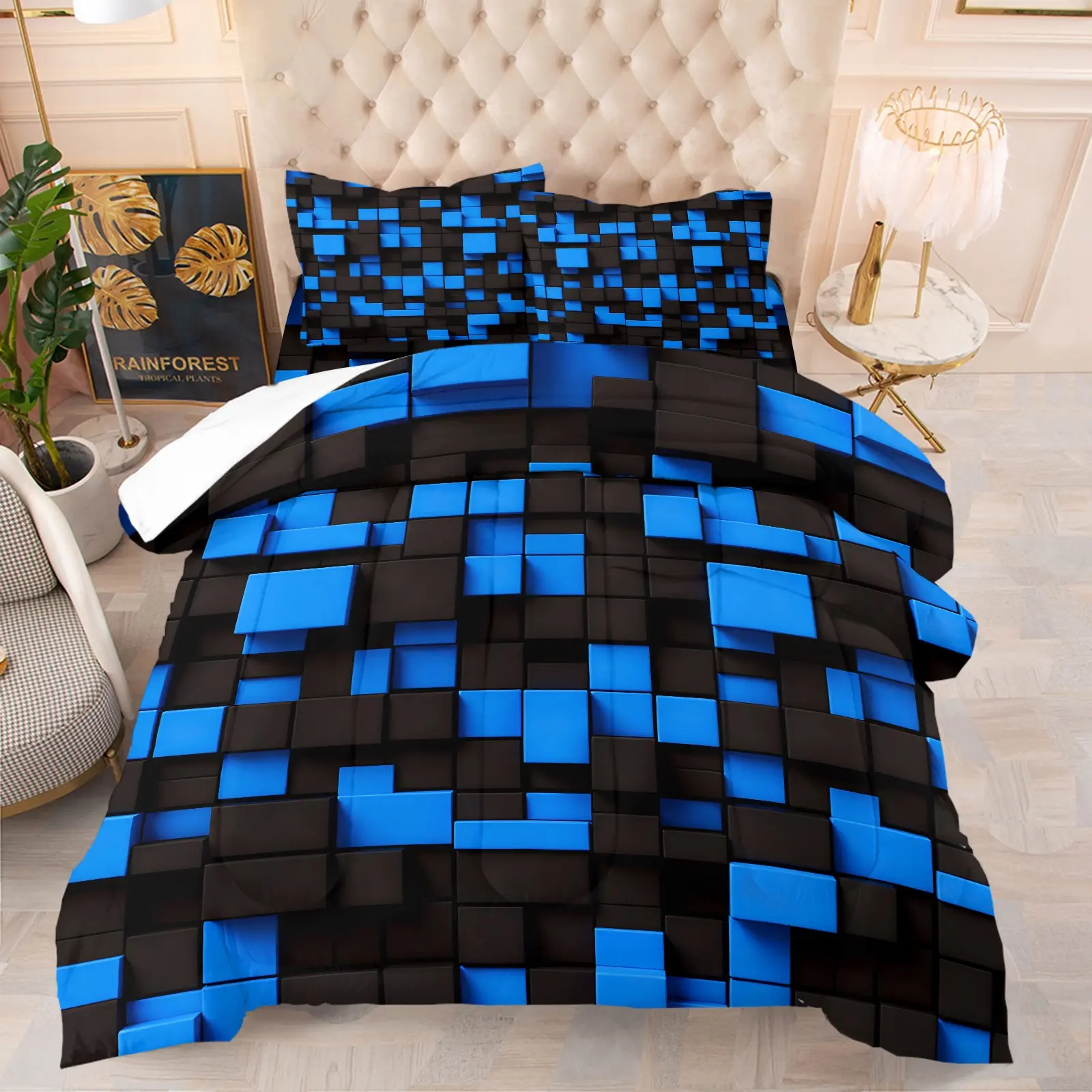 Black Bright Blue 3D Cube Geometric Comforter Set, 1 Comforter + 1-2 Pillowcases, Soft Cozy Breathable Microfiber Washable Bedding, Modern Tech Vibes Quilt Set, All Season Use, Ideal Gaming Style Soft Decor For Teen Boys Bedroom