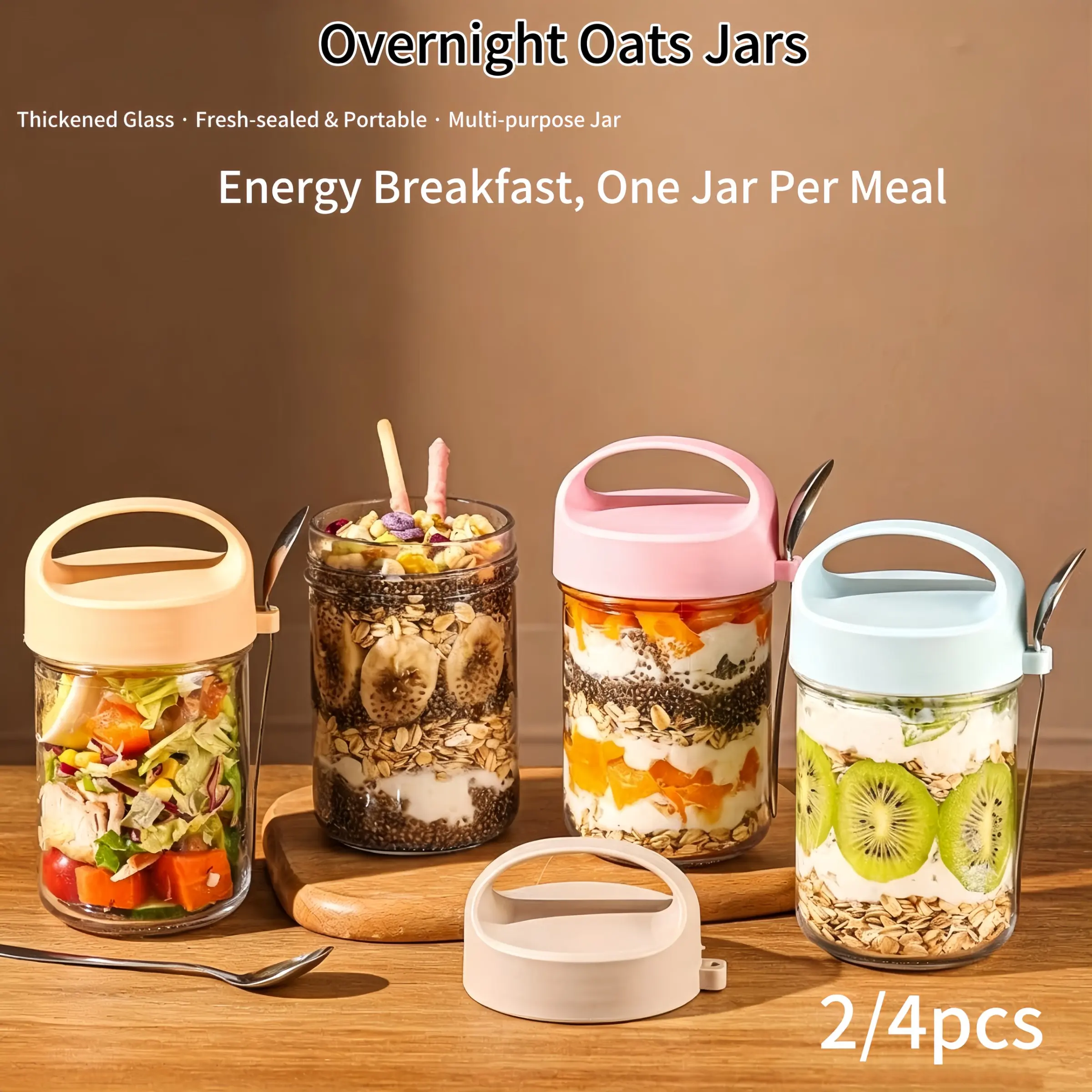 400ML Overnight Glass Oat Cup Set, Yogurt Cup Food Grade Breakfast Cup, High Borosilicate Glass Container with Lid and Spoon