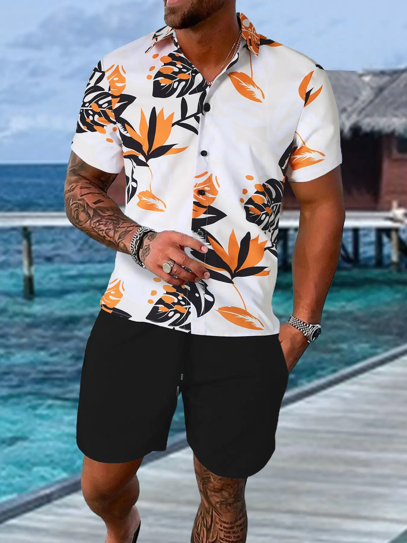 Two-Piece Set Base Tropical Palm Print Short Sleeve Shirt and Shorts, Casual Island Vacation Style, Ice Silk Fabric, Cuban Collar, Menswear