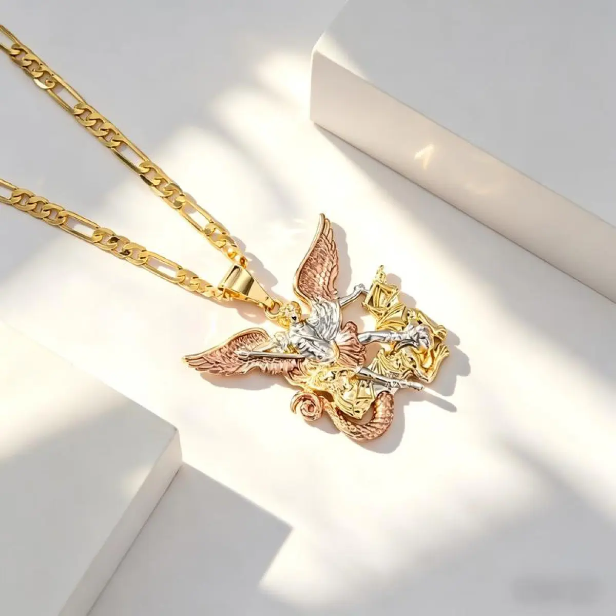 Angel Wing Necklace for Men & Women, Retro Hip Hop 3D Angel Figure Pendant with Engraved Details, Gold-Plated Copper Statement Jewelry for Daily Casual Wear, Female, 3D Angel Wings Figure Pendant With Fine Engraved Details, Two-Tone Craft