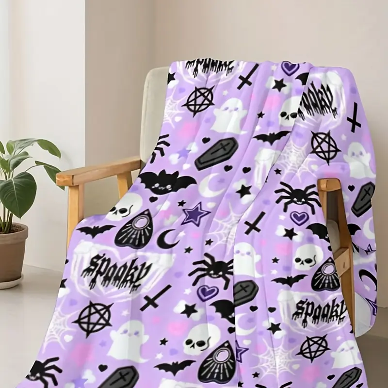 1pc Pastel Goth Blanket - Gothic Bedspread with Bats, Spiders, Skulls & Moons Print in Pastel Purple & Pink, Soft Flannel Suitable for Bedspread, Couch, Travel & Camping, Machine Washable All-Season Cozy Bedspread for Sofa, Bed,