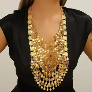 Kurdish Jewelry Arabic Gold Color Multi-layer Metal Coin Tassel Statement Necklace Women's Party Accessories
