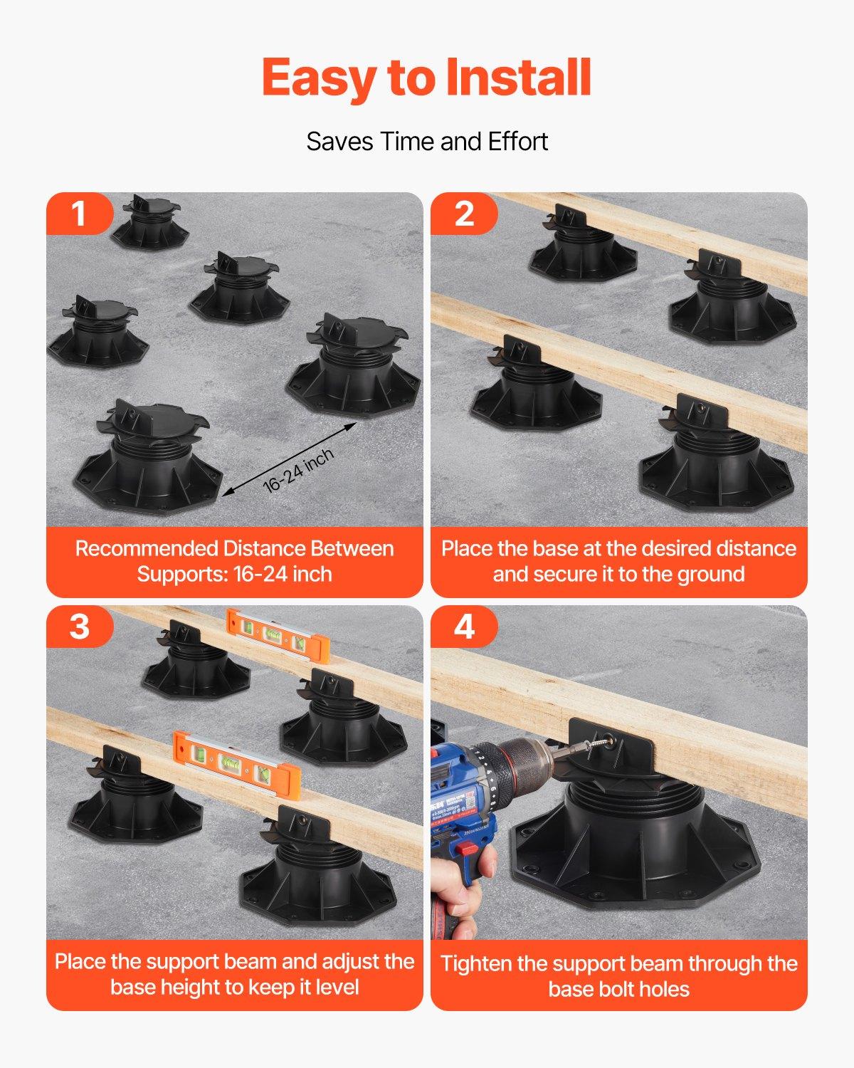 VEVOR Deck Blocks 24 PCS, 2000lbs / 907.18kg Load Capacity Deck Support Plastic Pedestal Paver, Raising 2.36 - 5.31 inch / 60 - 135 mm, Height Adjustable Shed Foundation Base for Wood Concrete Metal