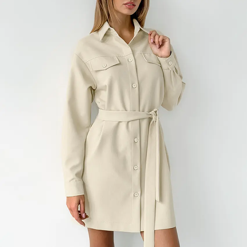 Women's Basic Casual Lapel Collar Cargo Pocket Shirt Dress - Long Sleeve, Button Front, Adjustable Self-Tie Belt Waist Mini Dress