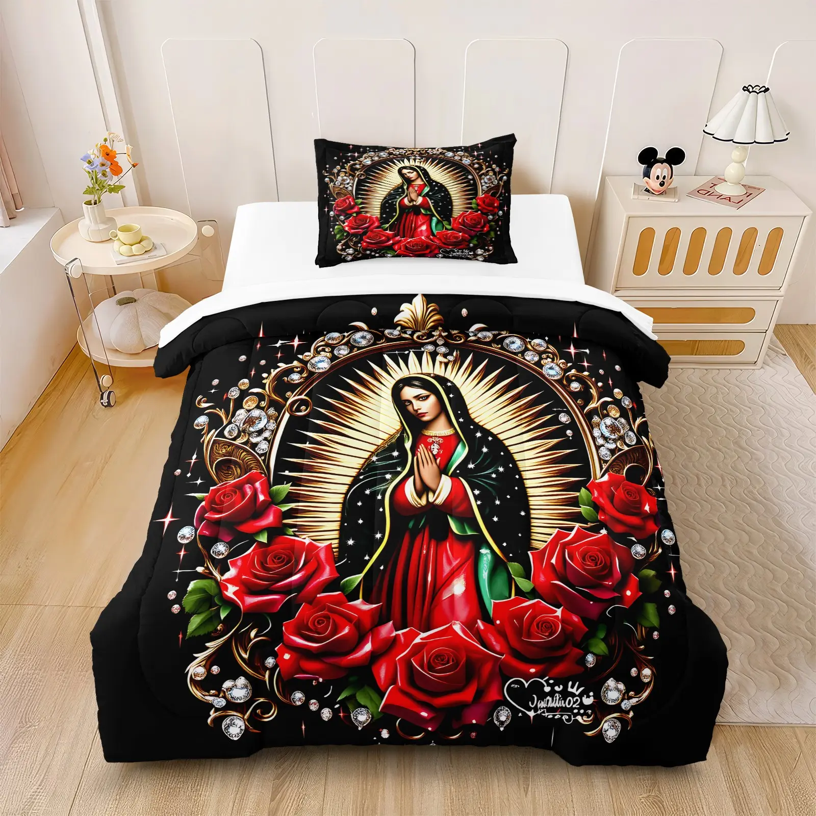 Our Lady of Guadalupe Comforter Set, Virgen De Guadalupe Red Rose Bedding, 1 Comforter + 1/2 Pillowcases, Soft Breathable Durable Microfiber Bed Set, Black Gold Diamond Print, Mexican Catholic Religious Bedroom Decor