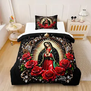 Our Lady of Guadalupe Comforter Set, Virgen De Guadalupe Red Rose Bedding, 1 Comforter + 1/2 Pillowcases, Soft Breathable Durable Microfiber Bed Set, Black Gold Diamond Print, Mexican Catholic Religious Bedroom Decor