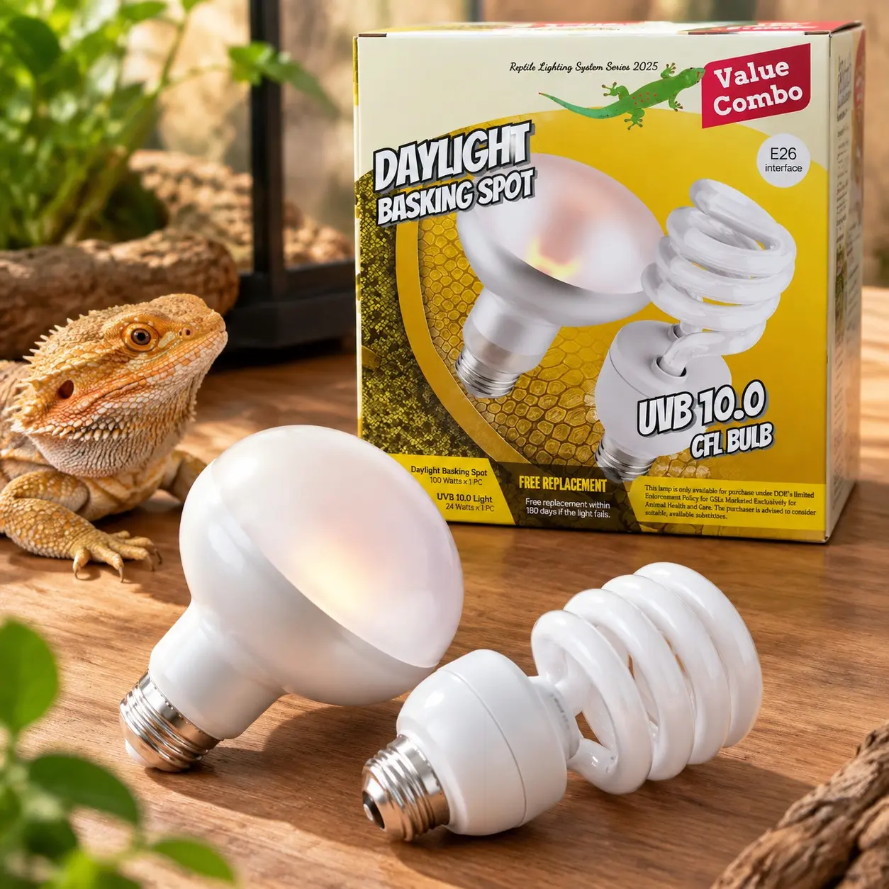100W Basking Spot Bulb & 10.0 24W UVA UVB Bulb Combo – Dual Pack Heat Lamp Bulbs for Reptiles & Amphibians, Heat Lamp for Bearded Dragons, Turtles, Tortoises, Snake Tank AccessoriesGift