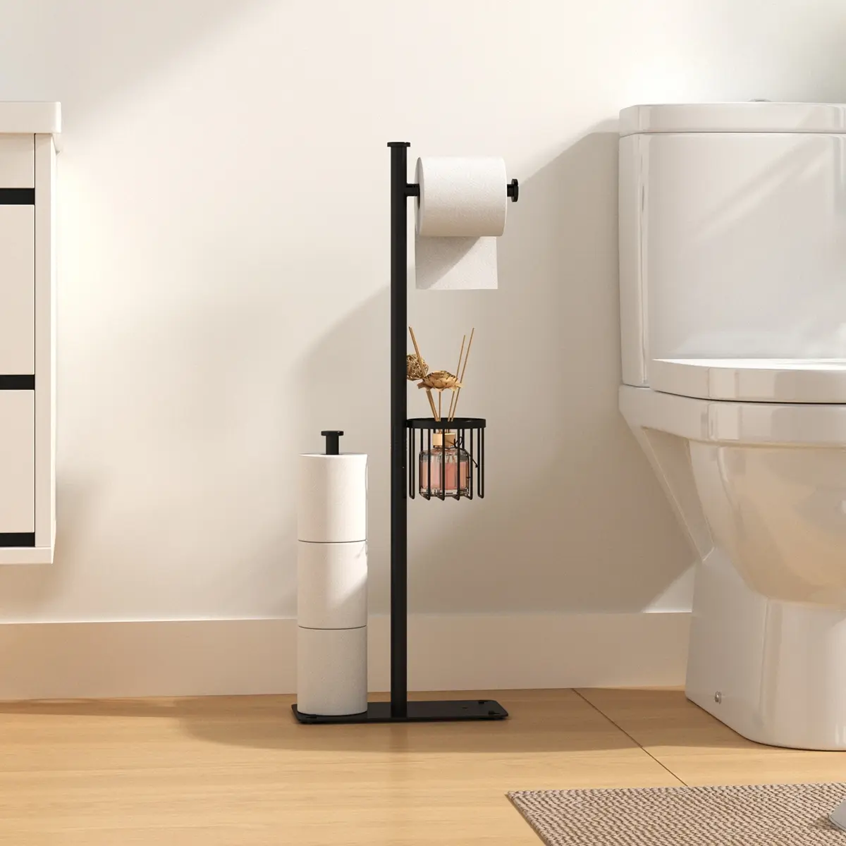 Modern Bathroom Paper Towel Holder, Floor-Standing Toilet Roll Stand, Multi-Functional Storage, Contemporary Design, Bathroom Accessory