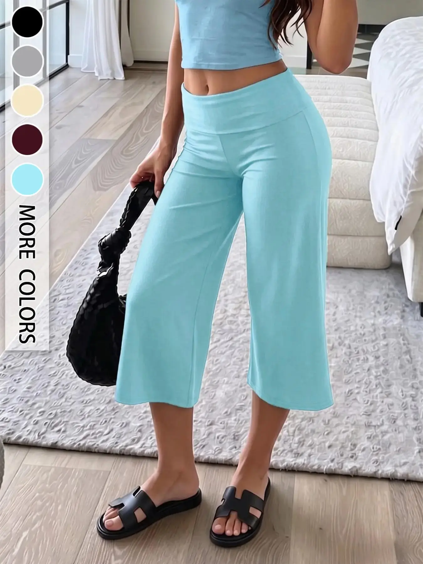 Dopamine Solid Color Casual Capri Pants, Wide Leg Folded Waist High Elastic Fabric, Slimming Effect for Petite, All Seasons Wear