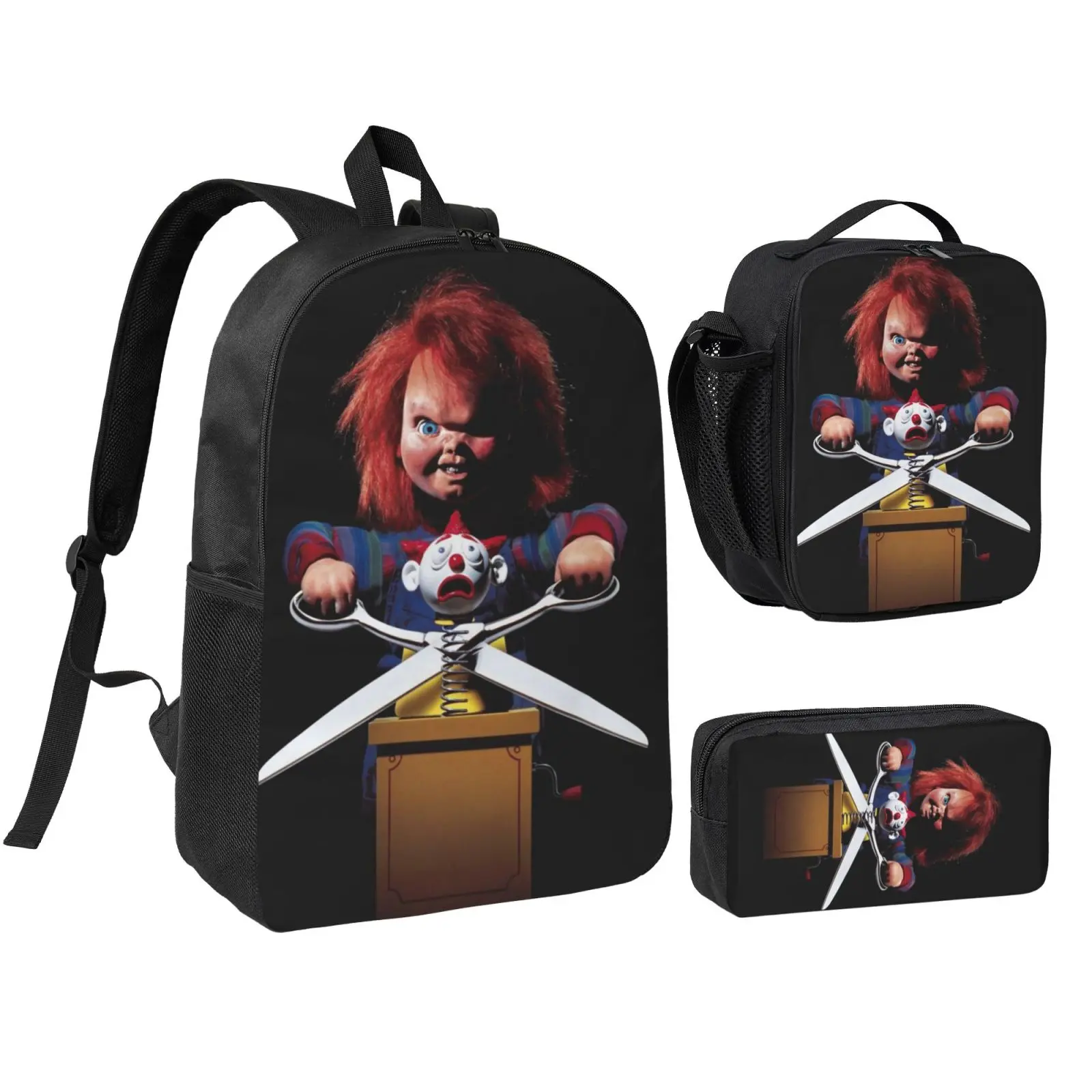 Cute Print Unisex Anime Chucky1 3-Piece School Bag Set - Polyester Waterproof Backpack, Lunch Bag, Pencil Box with Adjustable Straps for Teens (School/Travel Use)