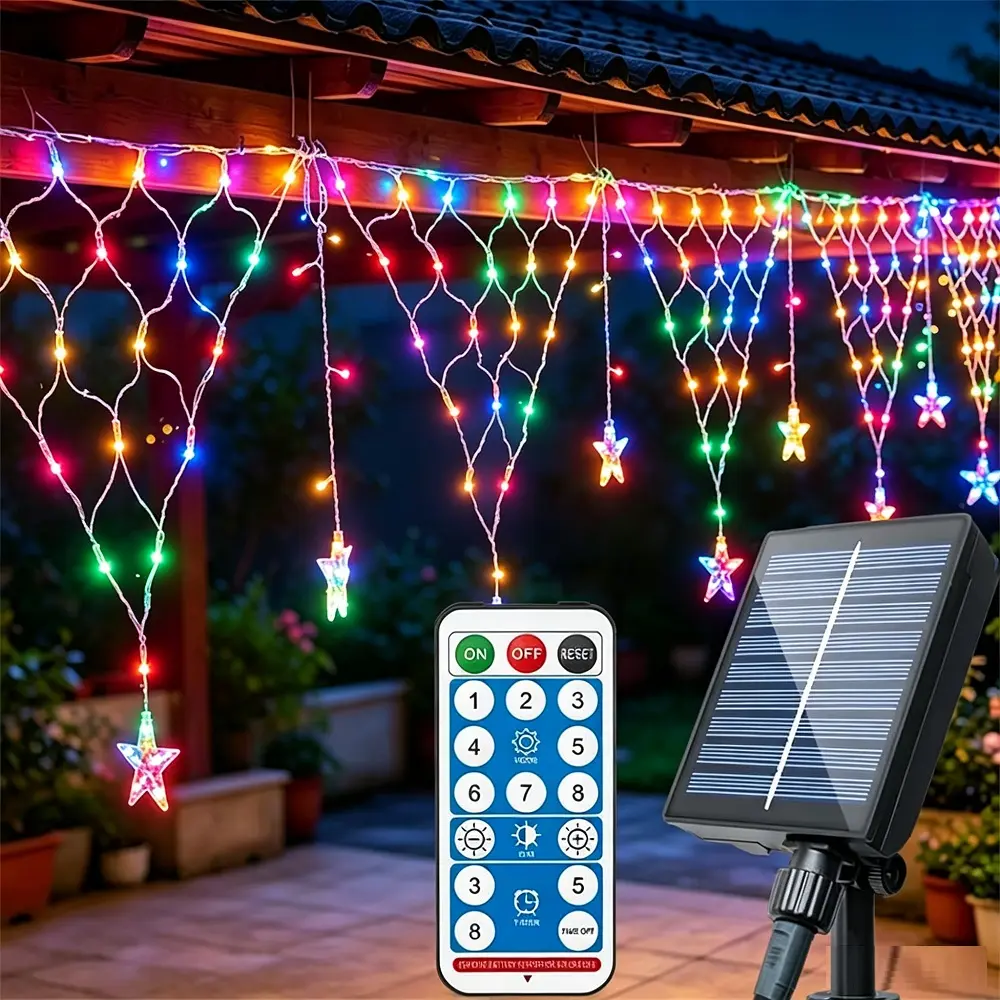 Water-Resistant Outdoor Solar Mesh Curtain LED Net Lights with Hanging Inverted Triangles, Window & Party Decor for Wedding, Christmas Holidays