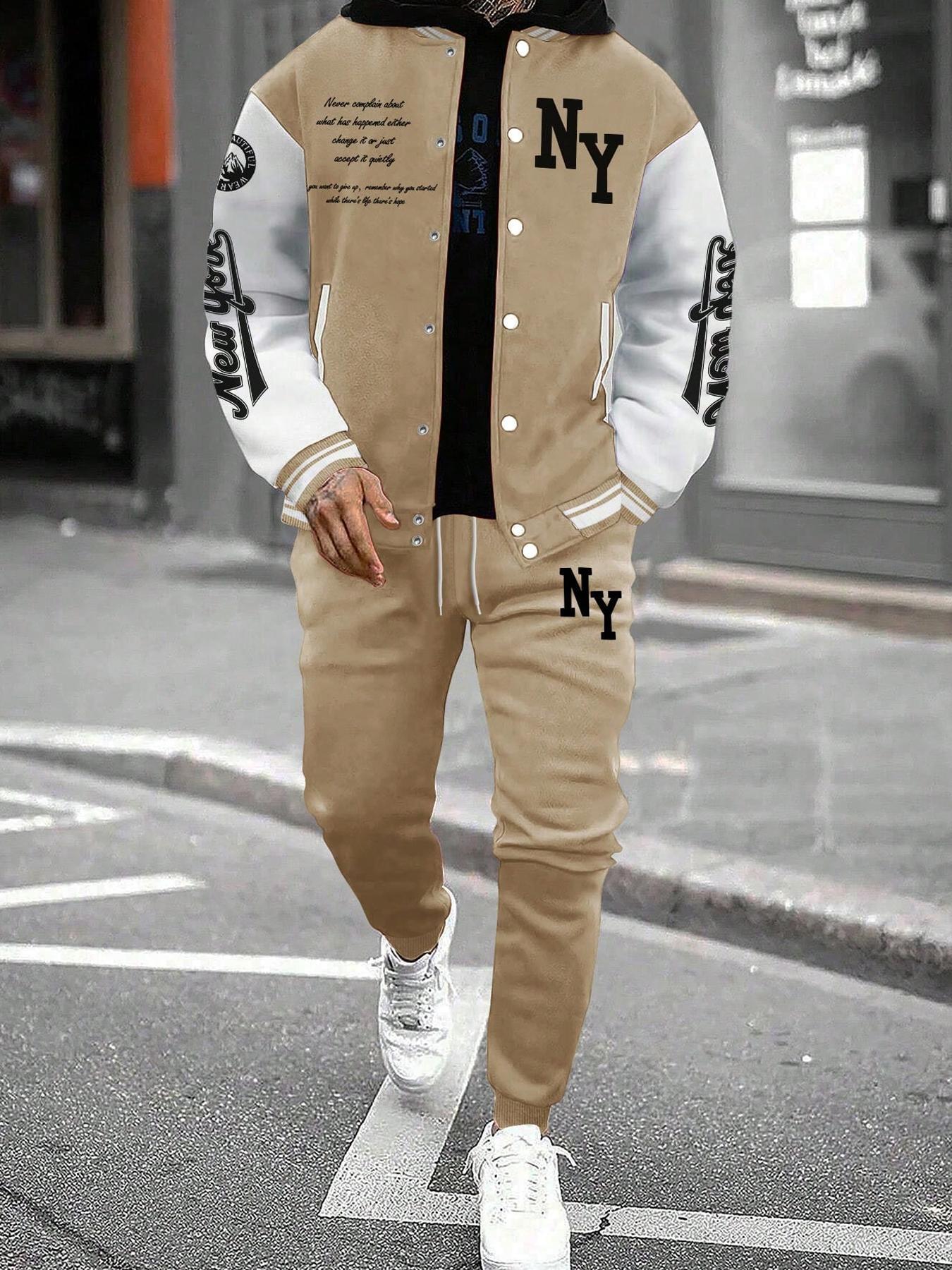 Two-Piece Set Matching Sets Men's Colorblock Letter Print Button Front Jacket & Drawstring Waist Sweatpants, Regular Fit Casual Long Sleeve Outerwear & Pocket Jogger Pants for Daily Wear, Men's Outfits for Fall & Winter