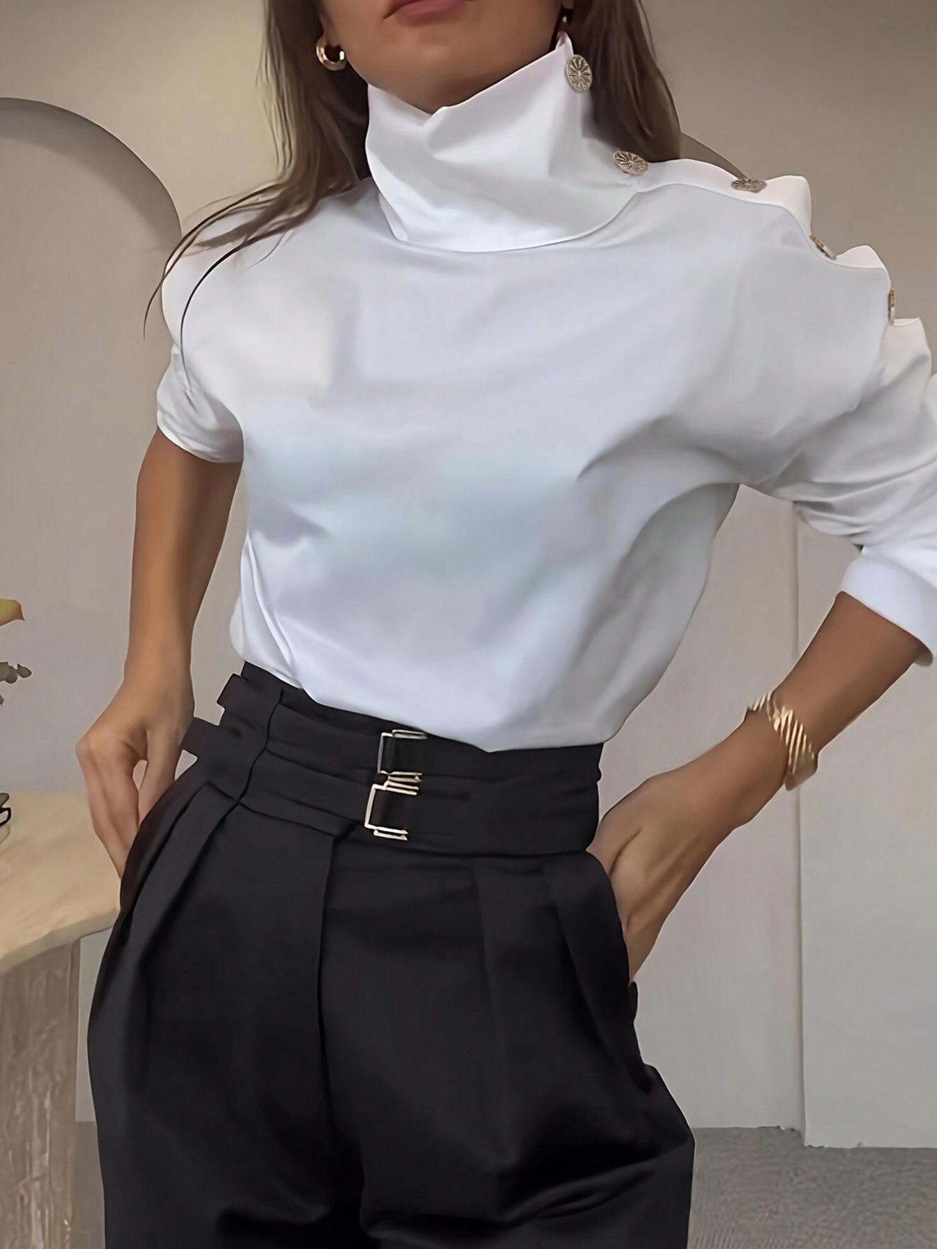 Women's Plain Gold Button Shirt, Casual Elegant Classy Long Sleeve Top for Summer, Ladies Clothes for Daily Wear