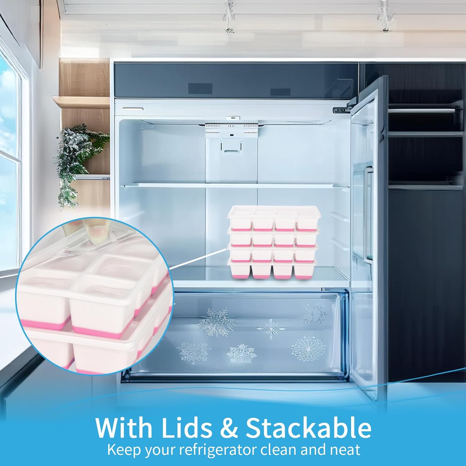 Large Ice Cube Trays with Lid,  2 Pack Stackable  Ice Cube Molds for Freezer, Easy Release 16 Big Square Ice Trays for   ()