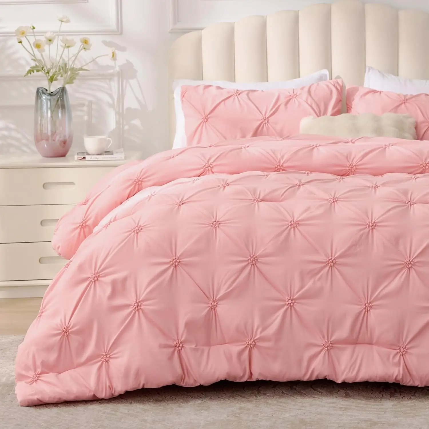 Queen Size Pink Comforter Set with 2 Pillowcases - Pintuck Detail Soft Fabric Cute Bedding Set, Lightweight All-Season Warm Boho Bedding