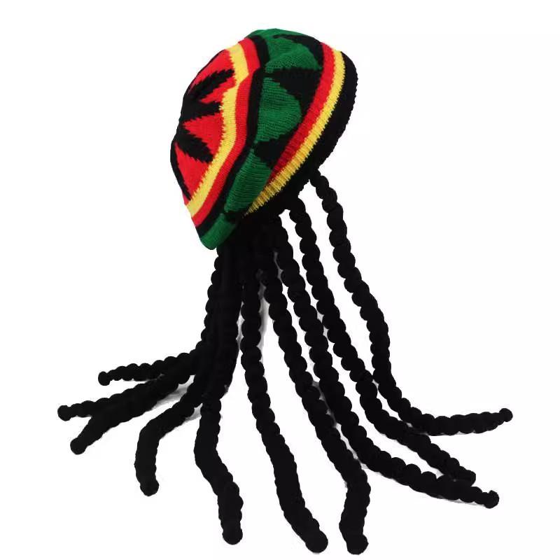 Jamaican Dreadlocks Hat Colorful Knit Beret with Rainbow Braids Reggae Style Wool Wig for Halloween Costume Accessories Boho Festival Knit Hat for Women Men