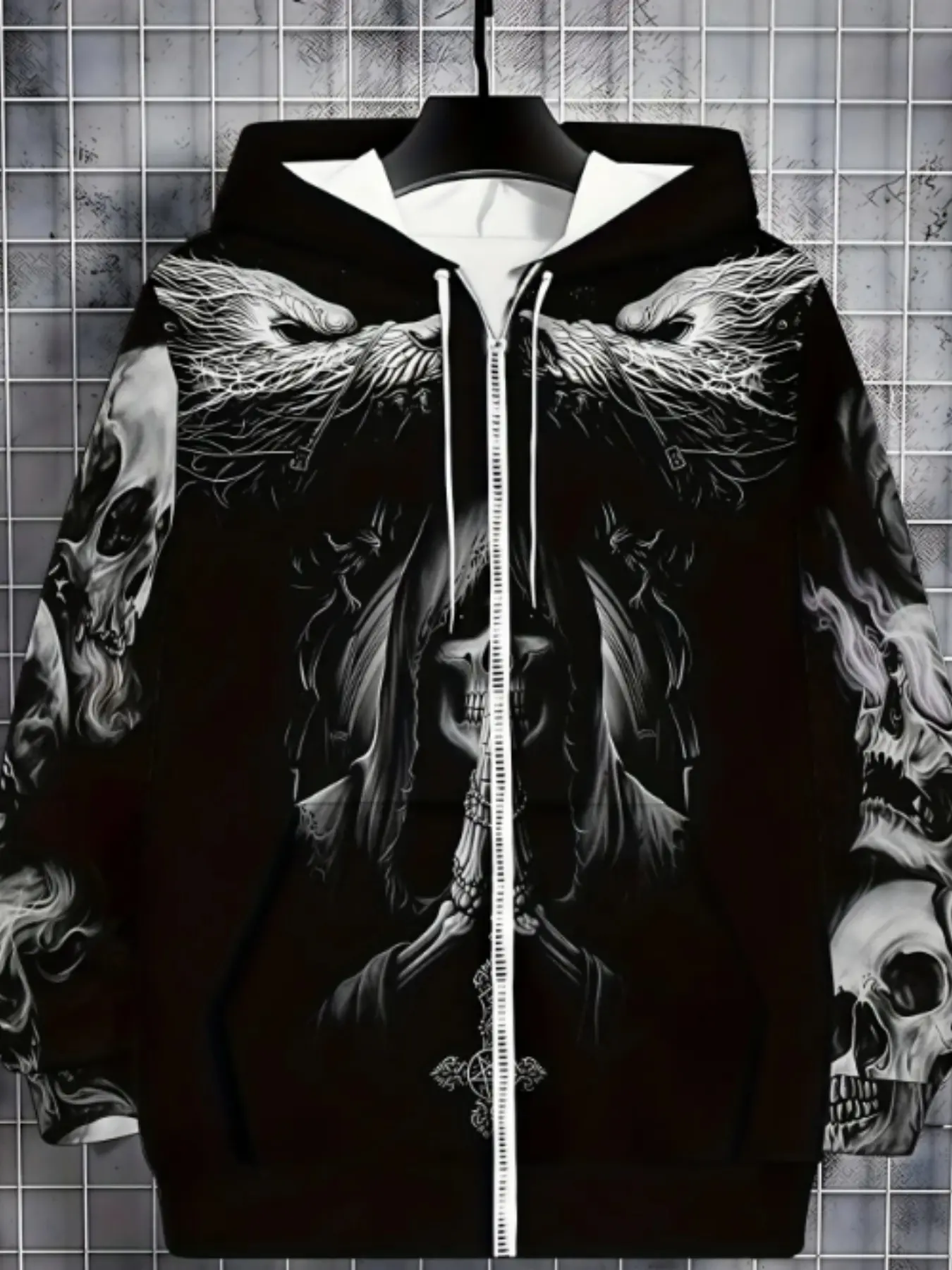 Occult Reaper Skull Wolf Print Plus Size Mens Zip Up Hooded Jacket, Breathable Wearproof Fabric, Oversized Cut For Adult Male Casual Hangout Halloween Activity, Trendy Gothic Mens Outerwear Fashion