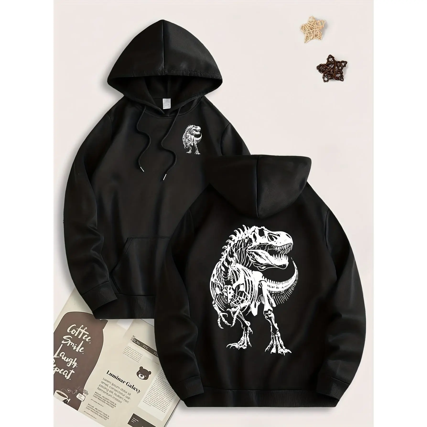 Men's Fleece-Lined Hooded Pullover Sweatshirt - Casual, Long Sleeve, Drawstring Front & Back, Unique Dinosaur Print, Layering, Multi-Size Versatile Stylish Top-Seller