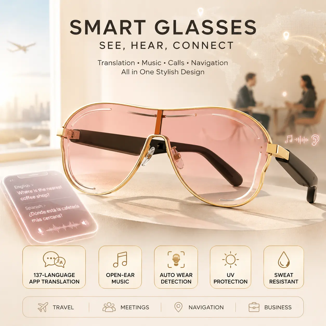 AI Bluetooth Smart Glasses with 137-Language App Translation, Open-Ear Music Playback, Automatic Wear Detection, UV-Protective Sunglass Lenses & Sweat-Resistant Design for Travel, Navigation, Meetings and Business Use