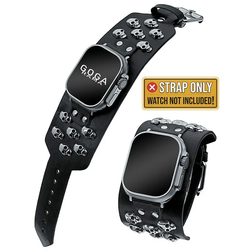 Ultra wide genuine leather skull strap compatible Apple Watch Band 9 8 49mm 41mm 40mm 42mm 44mm 45mm Iwatch 7 6 5 4 Se Ultra Men Women watch accessories