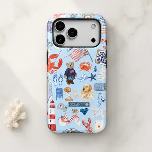 Light blue retro American-style fresh ocean element patchwork pattern protective case, sturdy and durable 2-in-1 protective case, compatible with iPhone 17/16/15/14/13/12/11 Pro Max/Plus/Pro, Samsung Galaxy S25/S24/S23 Ultra series,