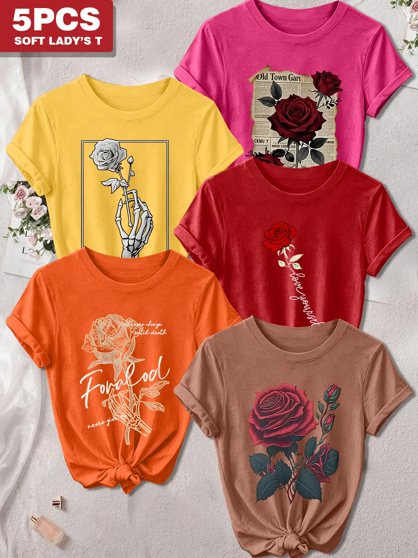 5Pcs Women Crew Neck Short Sleeve Tops, Leopard Heart Combo Print, Multi Color Options, Soft Gentle Fabric, Versatile Spring Summer Wear, Minimalist Fashion, Machine Washable
