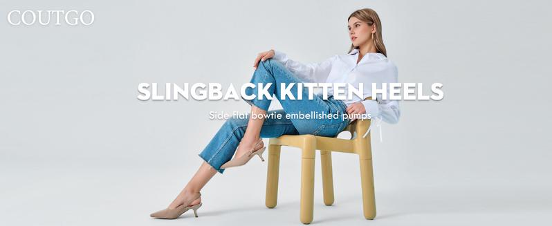 Coutgo Womens Slingback Kitten Heels Closed Pointed Toe Bowknot Knitted Slip On Work Pumps Dress Shoes