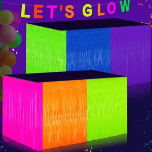 Glow in The Dark Tinsel Fringe Table Skirt 2 Pack Neon Foil Party Decor 31.5"x118" UV Reactive Fringe Skirt for Rave Wedding Birthday Backdrop 6 Vibrant Colors