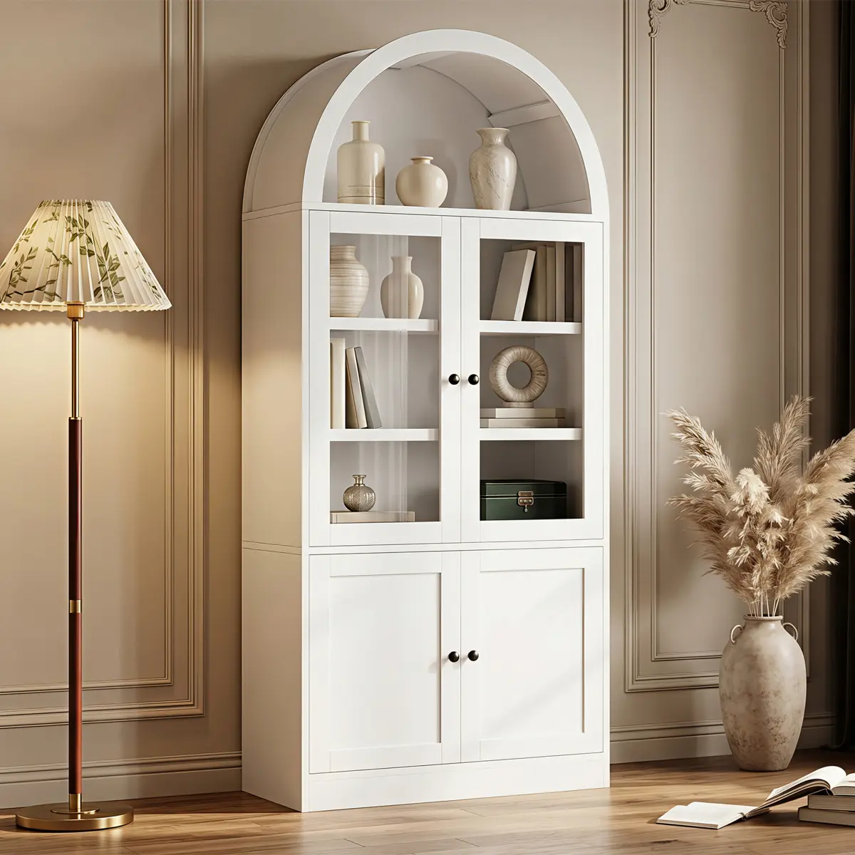 Minimalist DIY Tall Arched Top Display & Storage Cabinet - 5-Tier Tempered Glass Shelves, Soft-Close Hinge Glass Doors with Door Organizer, Freestanding Curio Unit for Bathroom, Living Room, 5-Tier Shelves