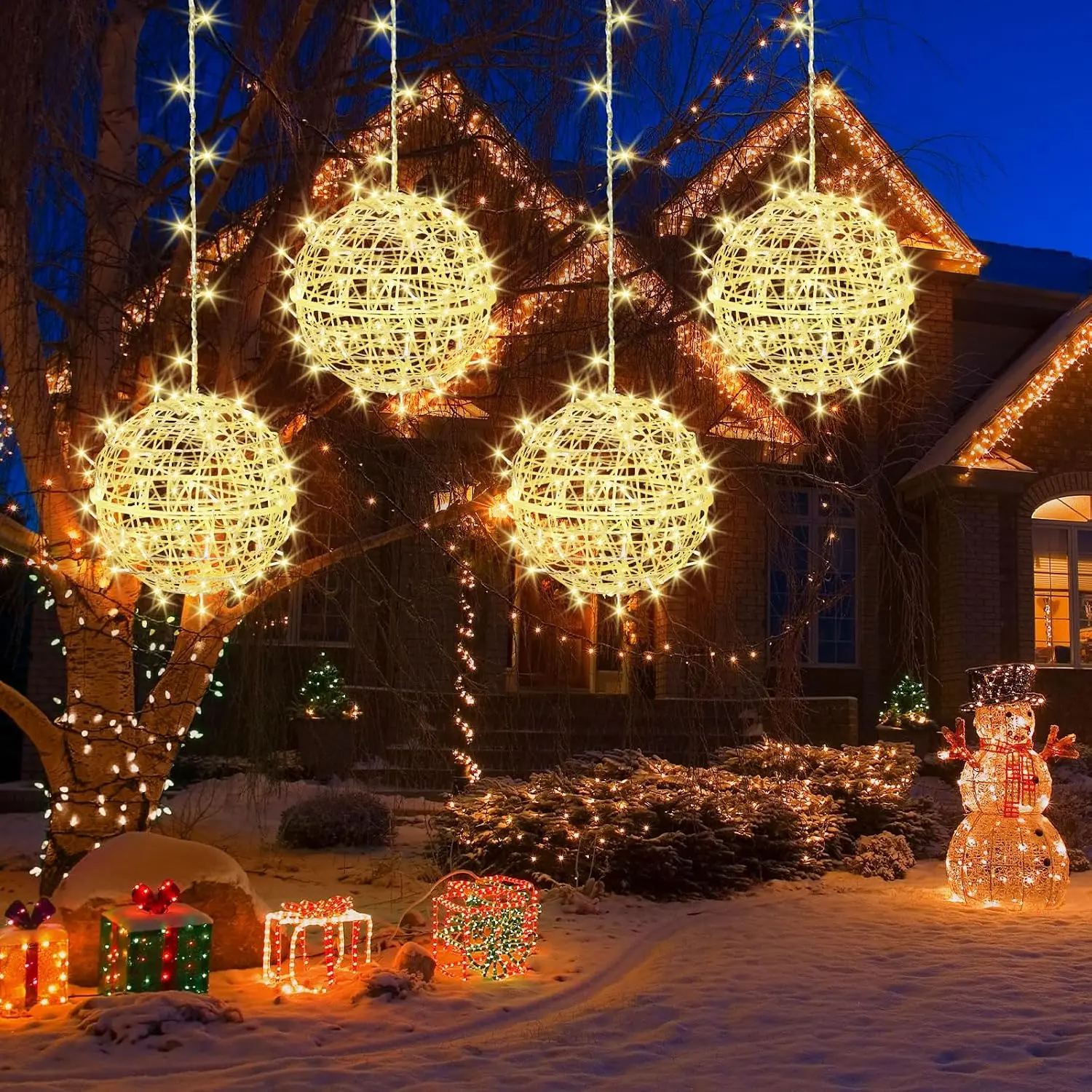Outdoor Christmas Balls Lights 4 Pack  7.1" LED Garden Sphere Tree Lights 8 Modes  Glow Globe Lights with Memory Timer Plug for Party Yard Porch Eave Patio Xmas Decorations-Warm White
