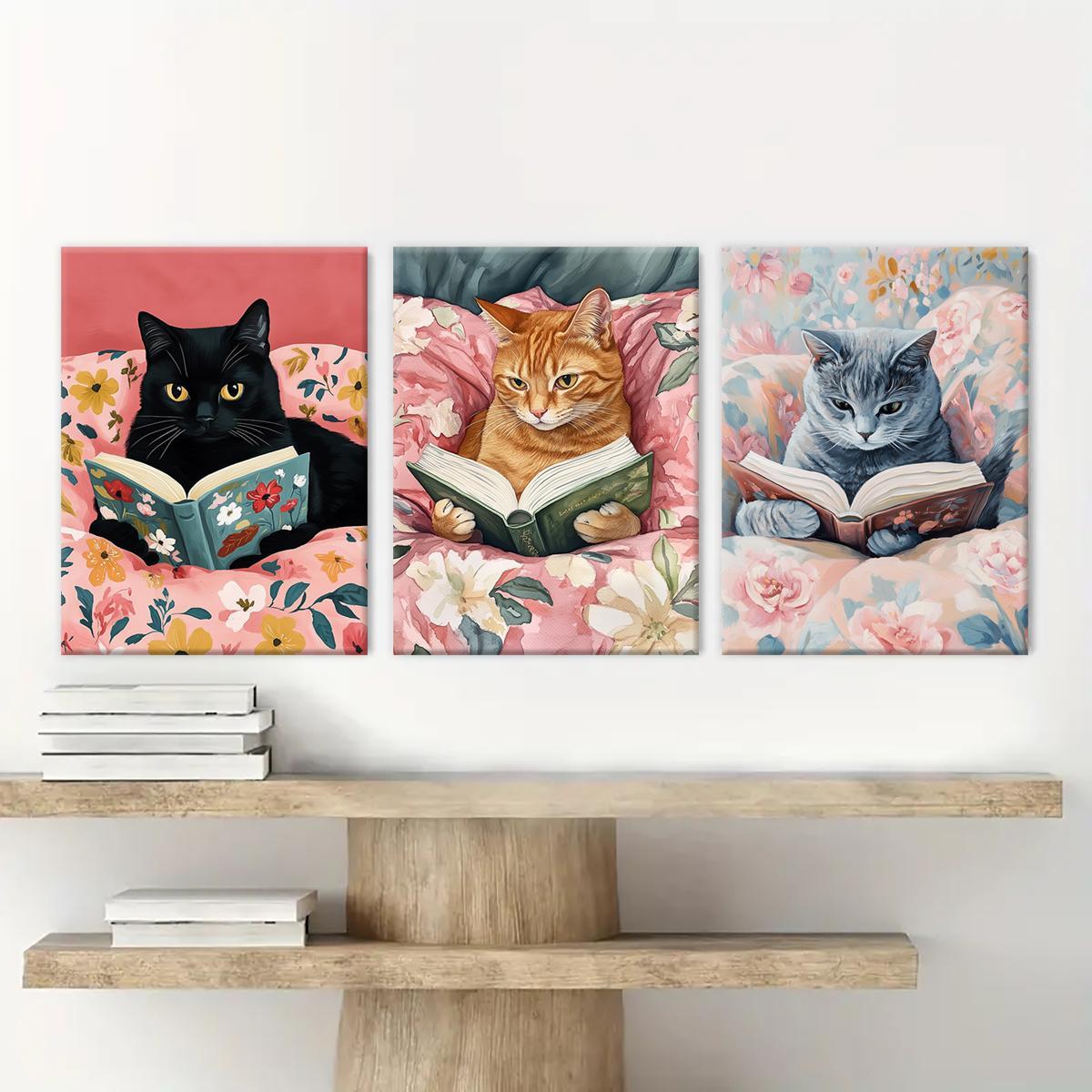 Cat Reading Book Pattern Canvas Painting with Frame, 3 Counts/set Colorful Animal Reading, Wall Decor for Home Living Room Bedroom Office Hanging Wall Art
