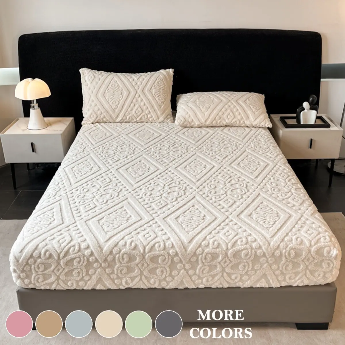European Damask Embossed Plush Fleece Fitted Sheet Set, Ultra Soft Warm Mattress Cover & Decorative Mattress Protector, Deep Pocket with All-Around Elastic, 2/3-Piece Bedding with 1 Fitted Sheet and 1 or 2 Pillowcases for Bedroom, Dorm & Guest Room