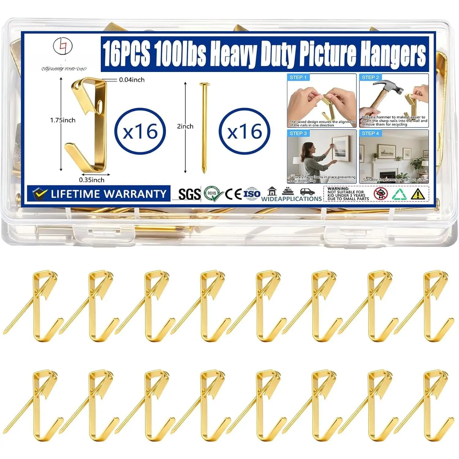 100 lb Picture Hangers, Picture Hooks for  Pictures, 16 count Frame Hooks Picture Hangers Heavy Duty Hardware Hanger Kit Wooden Wall Painting Hangers Hooks and Nails for Pictures