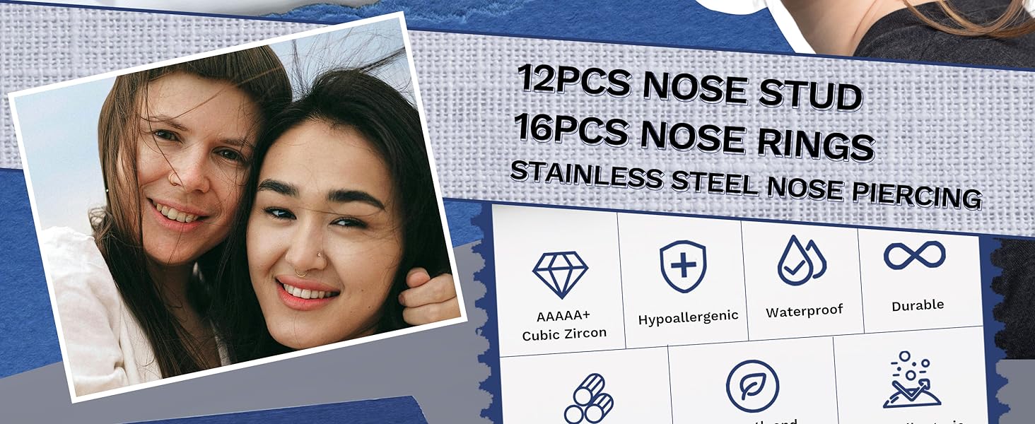 MILACOLATO 28PCS Hypoallergenic Nose Rings Hoops Studs - 316L Stainless Steel Nose Ring for Women Men - L Shaped CZ Nose Stud Hoop Nostril Piercings Jewelry Set 18G 20G 22G Silver Rose Gold Black Rainbow