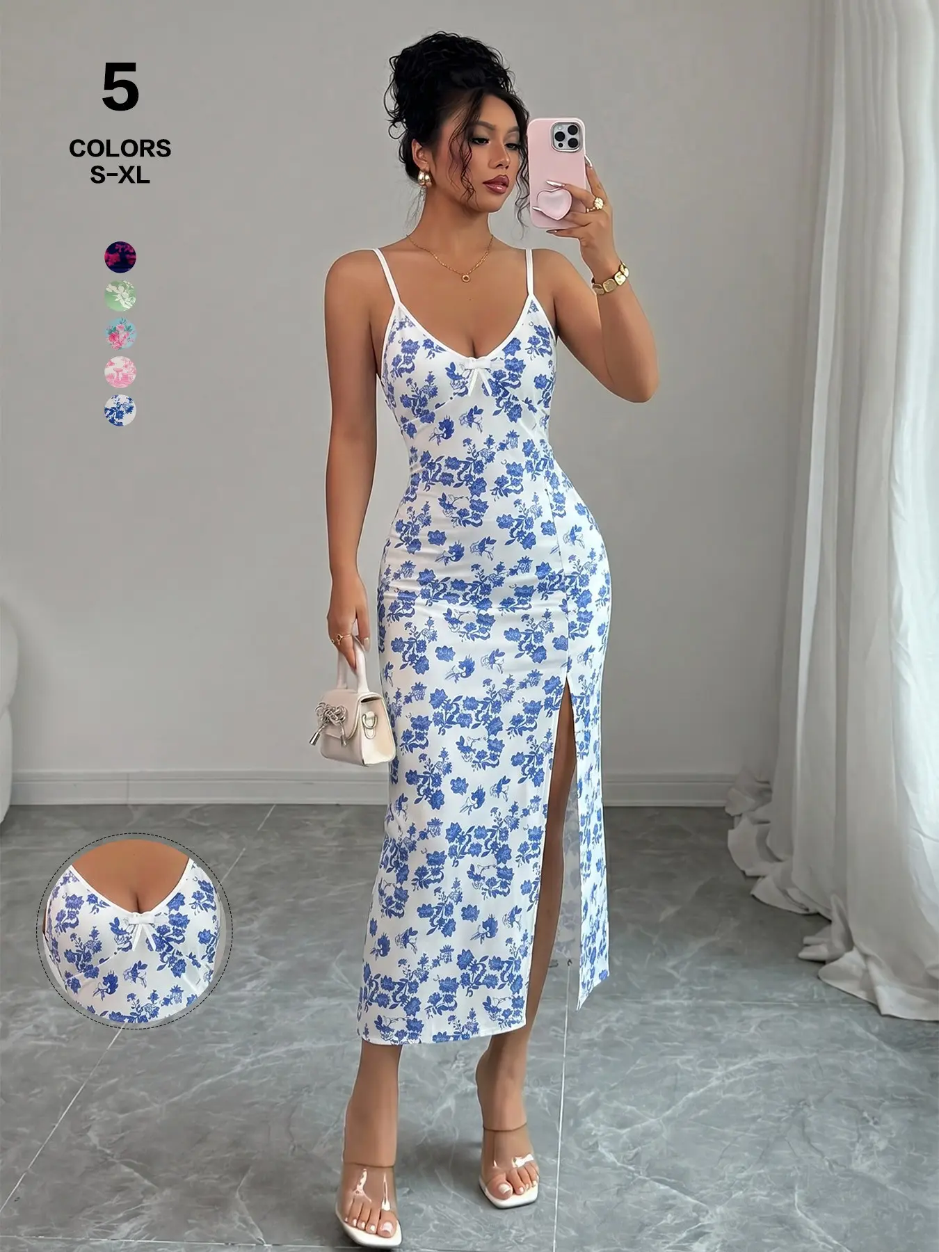Women's Floral Print Halter Nightgown, Side Slit Comfortable Daily Pajamas, Casual Home Wear Fashion Sleepwear for Relaxing at Home
