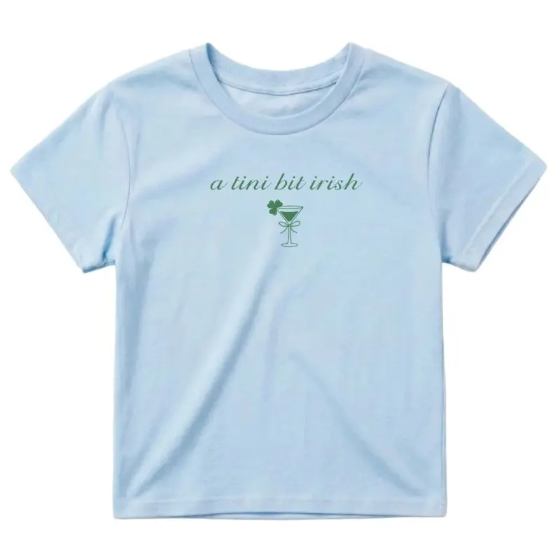 Shamrock Cocktail St Patricks Day Graphic Slim Fit Crew Neck Crop Top Short Sleeve T-Shirt, Soft Y2K Fashion Casual Summer Holiday Party Daily Wear Young Women Tee