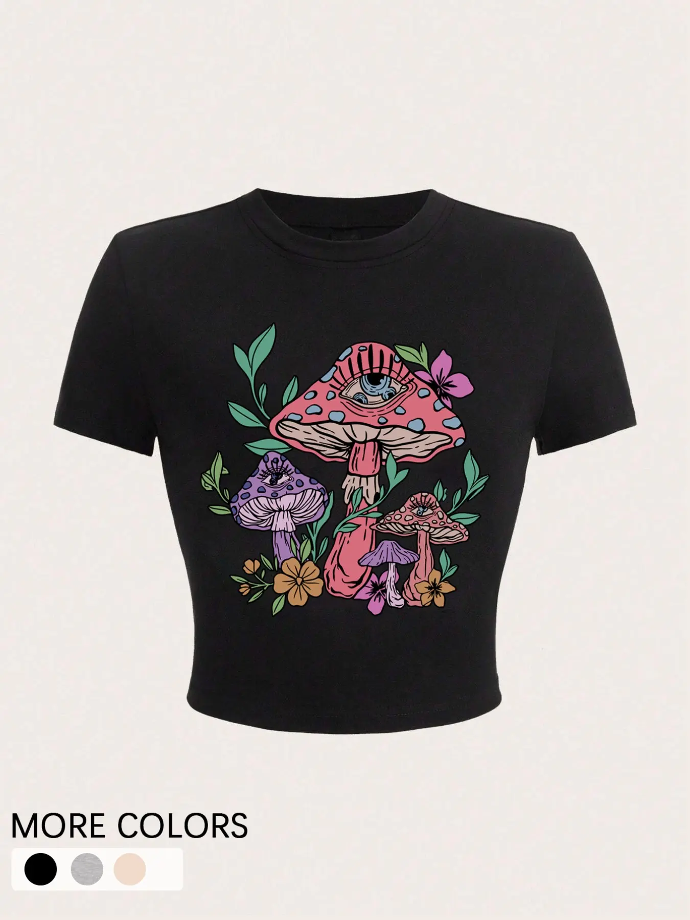 Women's Mushroom Floral Print Round Neck Crop Top, Casual Short Sleeve T-shirt for Daily Wear, Ladies Clothes for All Seasons, Womenswear