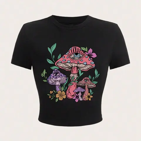 Women's Mushroom Floral Print Round Neck Crop Top Fit, Casual Short Sleeve T-shirt for Daily Wear, Ladies Clothes for All Seasons, Womenswear