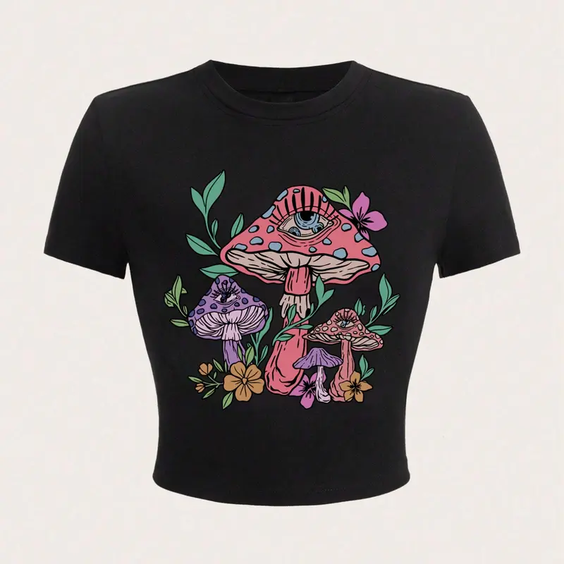 Women's Mushroom Floral Print Round Neck Crop Top Fit, Casual Short Sleeve T-shirt for Daily Wear, Ladies Clothes for All Seasons, Womenswear