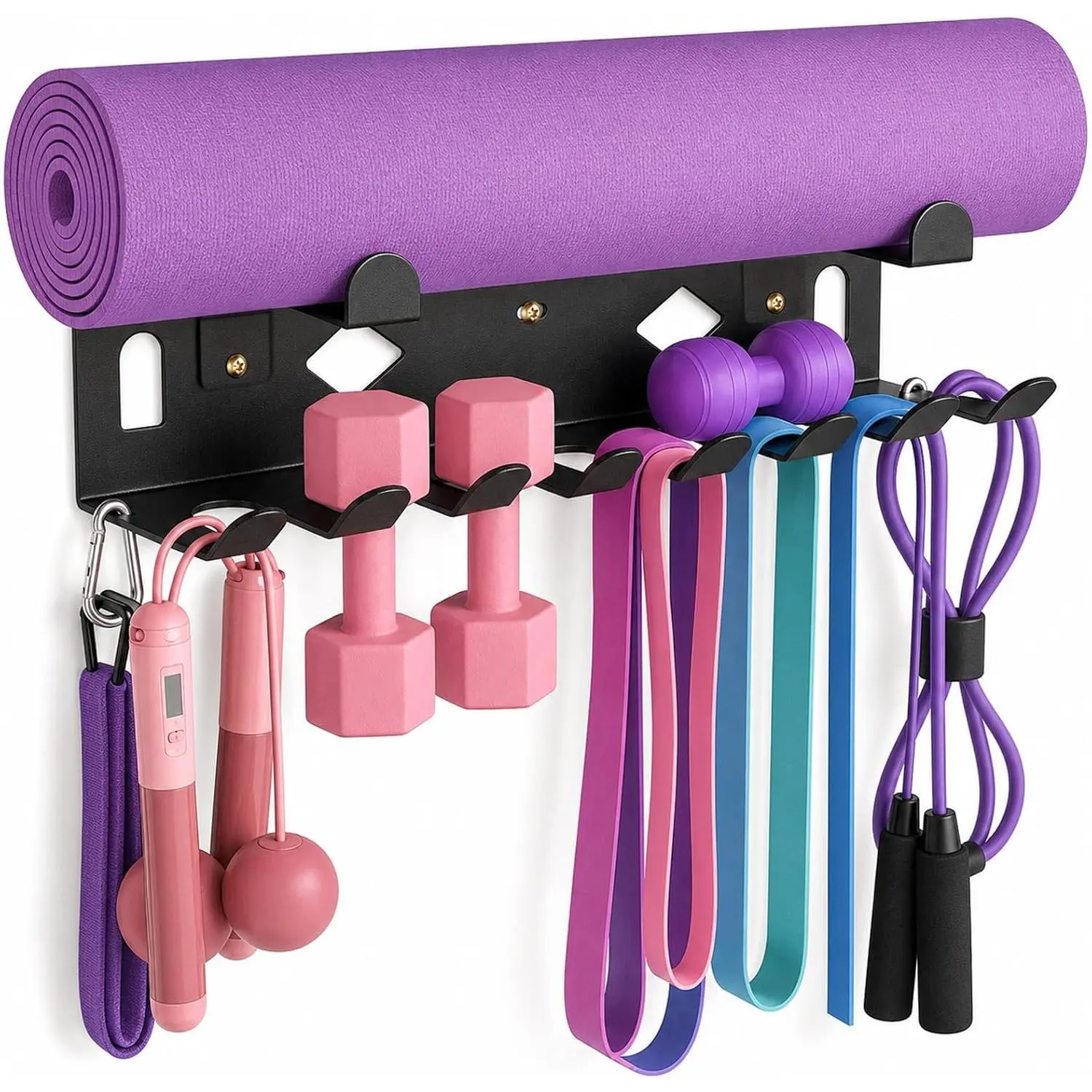 Gym Storage Rack Wall Mount, Heavy Duty Steel Yoga Mat Holder for  Garage Gym, Workout Equipment Organizer for Resistance Bands, Jump Ropes, Lifting Belts,  Rollers, Hula Hoops and Fitness Accessories, Black